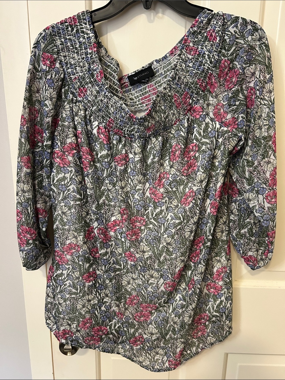 Studio Works Floral Smocked V-Neck Blouse in Pink and Blue
